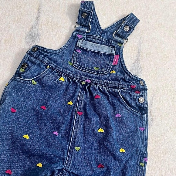 Vintage Carter's Denim Overalls 6–9M Baby Girls Heart Embroidered Jean Romper - Picture 2 of 5